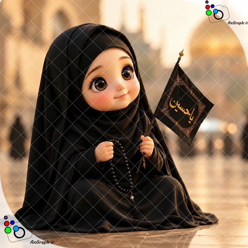 بک گراند کودکانه دختر کوچولوی ناز چادری با پرچم یا حسین در حال ذکر گفتن با تسبیح در حیاط حرم-کد 44848(ویژه عکس گراف)