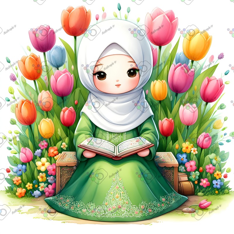 بک گراند کودکانه دختر بچه ناز با حجاب در حال قرآن خواندن در باغ لاله ها-کد 44591(ویژه عکس گراف)