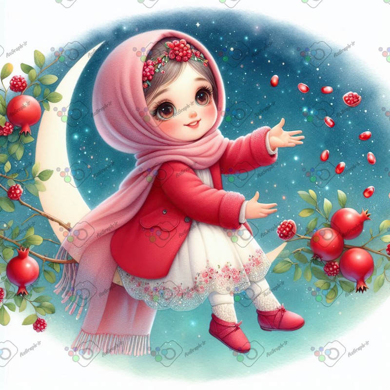 بک گراند کودکانه یلدا با طرح دختر بچه با حجاب ماه و شب پر ستاره و انار-کد 44671(ویژه عکس گراف)