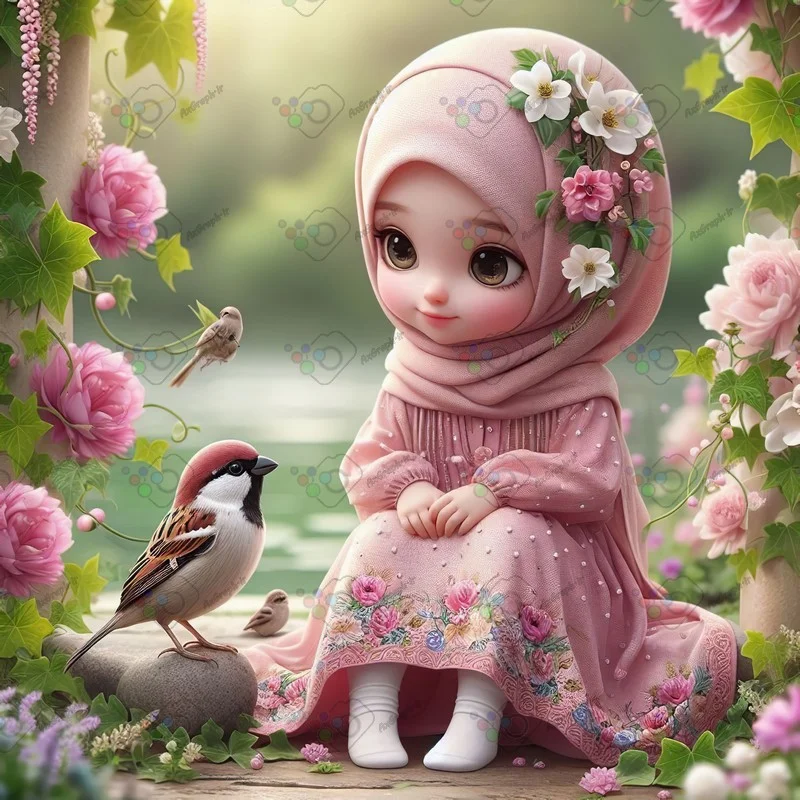 بک گراند کودکانه دختر بچه ناز با حجاب و گنجشک میان گلها-کد 43986(ویژه عکس گراف)