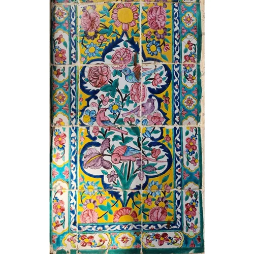 تصویر با کیفیت نمایی از کاشیکاری زیبای ایرانی با نقش گل و بلبل-کد 30141