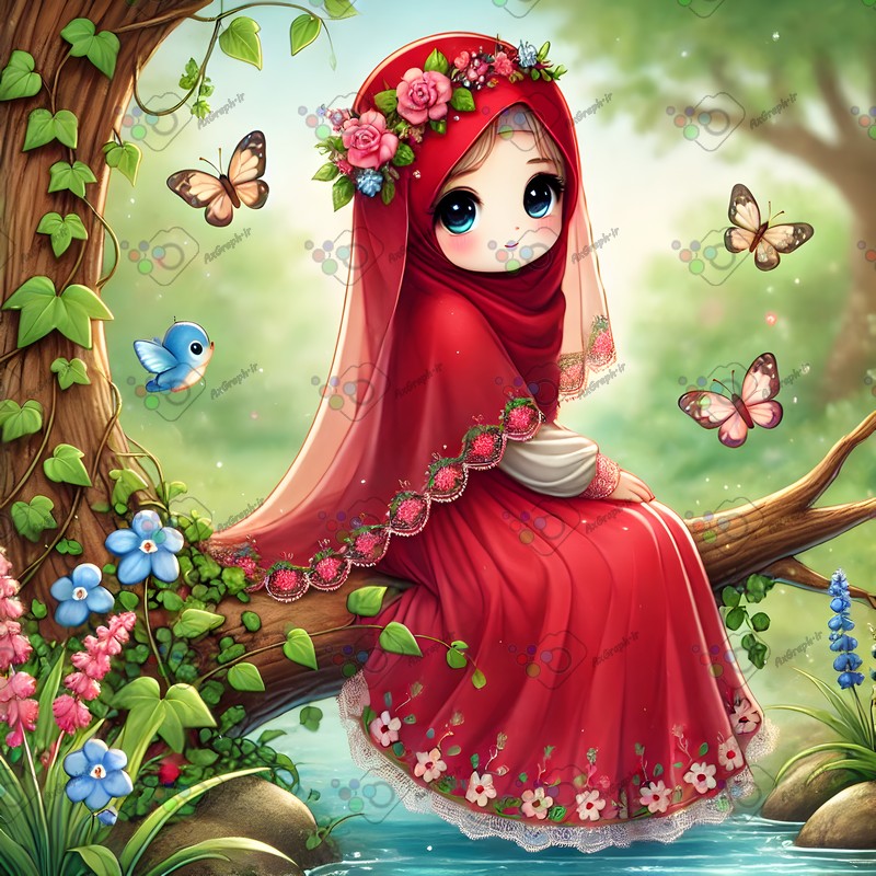 بک گراند کودکانه دختربچه ناز با حجاب نشسته روی شاخه درخت بالای برکه-کد 44624(ویژه عکس گراف)