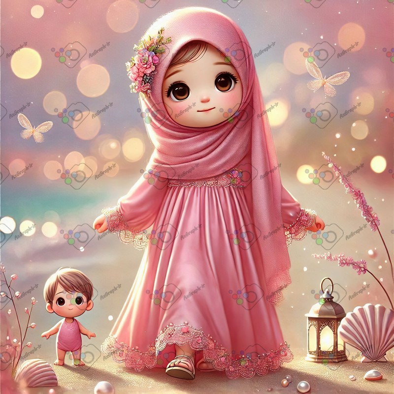 بک گراند کودکانه دختر ریزه میزه با حجاب و پسربچه عروسکی در ساحل-کد 44508(ویژه عکس گراف)