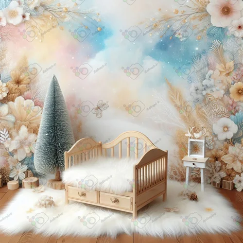بک دراپ نوزاد تخت خواب چوبی تم زمستان-کد 55036(ویژه عکس گراف)