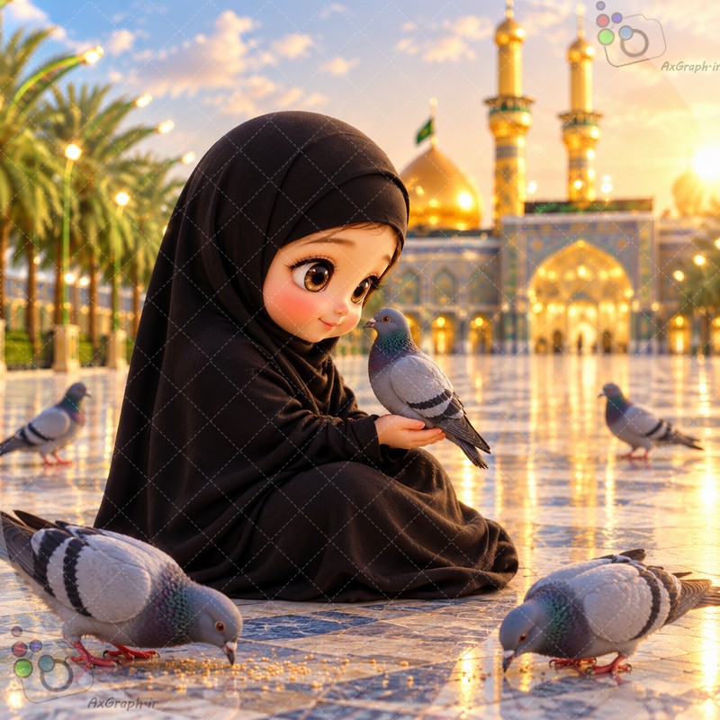 🌟🕊️ طرح دختربچه معصوم چادری در حال دانه دادن به کبوتران در صحن بارگاه ملکوتی و گنبد طلا - کد ۴۵۰۰۶ (ویژه عکس گراف) 🕌📿✨