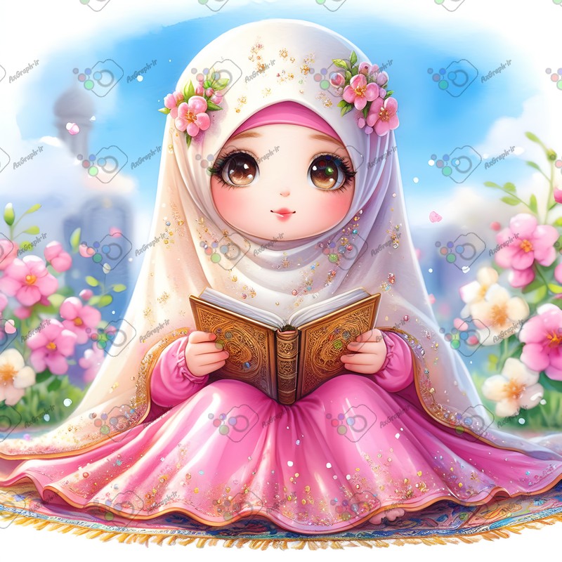 بک گراند کودکانه دختر بچه ناز با حجاب در حال قرآن خواندن در باغ بهاری-کد 44561(ویژه عکس گراف)