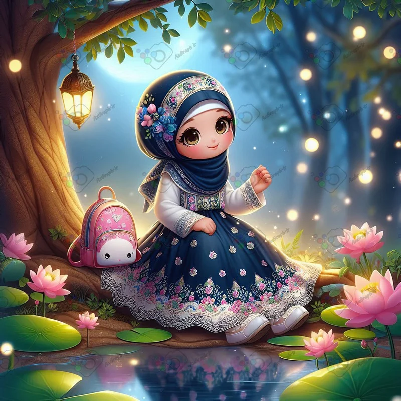 بک گراند کودکانه دختر کوچولوی ناز با حجاب نشسته زیر درخت کنار مرداب-کد 43667(ویژه عکس گراف)