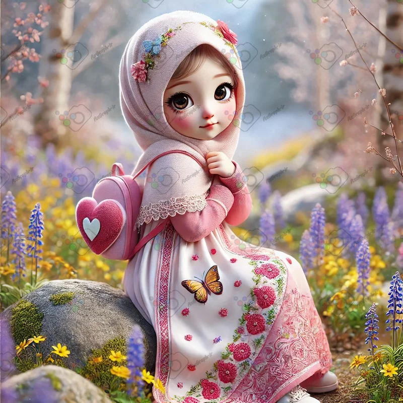 بک گراند کودکانه دختر کوچولوی ناز با حجاب با کوله قلبی نشسته روی تخته سنگ میان گلهای بهاری-کد 43660(ویژه عکس گراف)