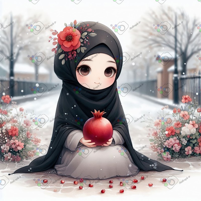 بک گراند کودکانه یلدا با طرح دختر بچه با حجاب نشسته در خیابان برفی با اناری در دست-کد 44740(ویژه عکس گراف)