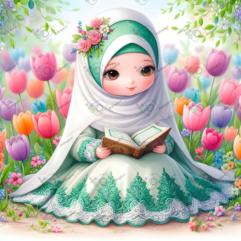 بک گراند کودکانه دختر بچه ناز با حجاب در حال قرآن خواندن در باغ لاله-کد 44563(ویژه عکس گراف)