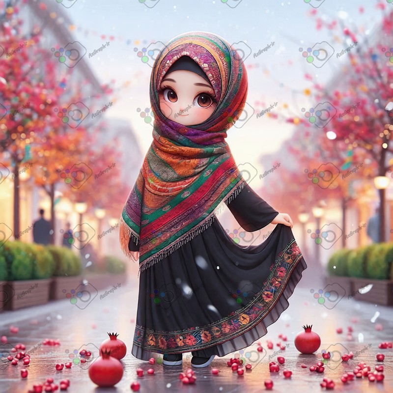 بک گراند کودکانه یلدا با طرح دختر با حجاب و دانه های انار در خیابان-کد 44689(ویژه عکس گراف)