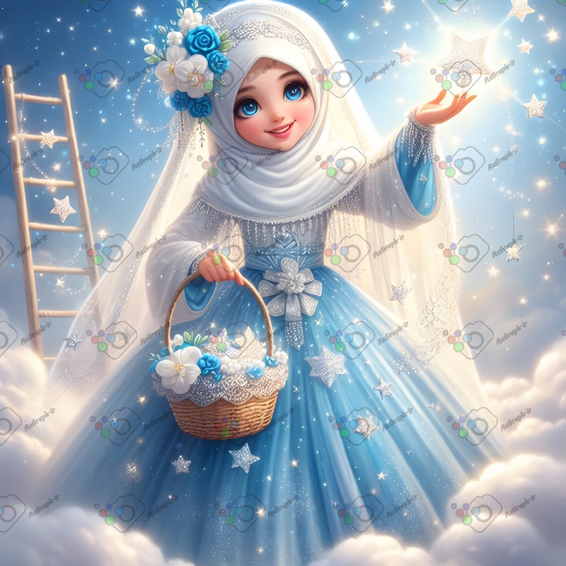 بک گراند کودکانه دختر ناز با حجاب با سبد گل در حال چیدن ستاره-کد 44607(ویژه عکس گراف)