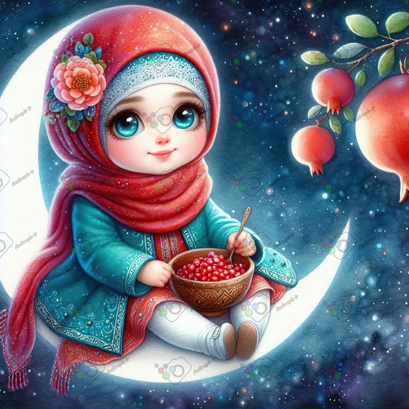 بک گراند کودکانه یلدا با طرح دختر بچه با حجاب با کاسه انار نشسته روی ماه-کد 44652(ویژه عکس گراف)