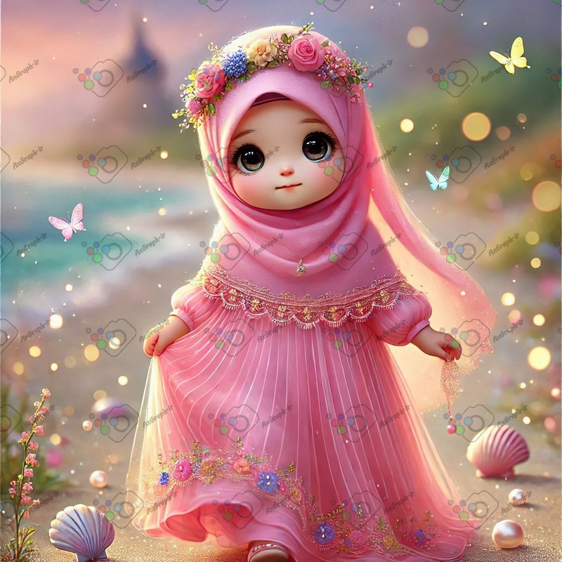 بک گراند کودکانه دختر ریزه میزه ناز با حجاب در حال راه رفتن در ساحل-کد 44515(ویژه عکس گراف)