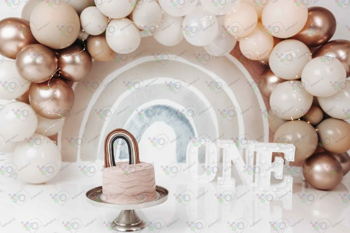 بک دراپ تولد یک سالگی تم بادکنک و رنگین کمان -کد 41