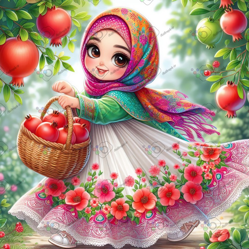 بک گراند کودکانه یلدا با طرح دختر بچه با حجاب با سبد انار در حال عبور از باغ انار-کد 44719(ویژه عکس گراف)