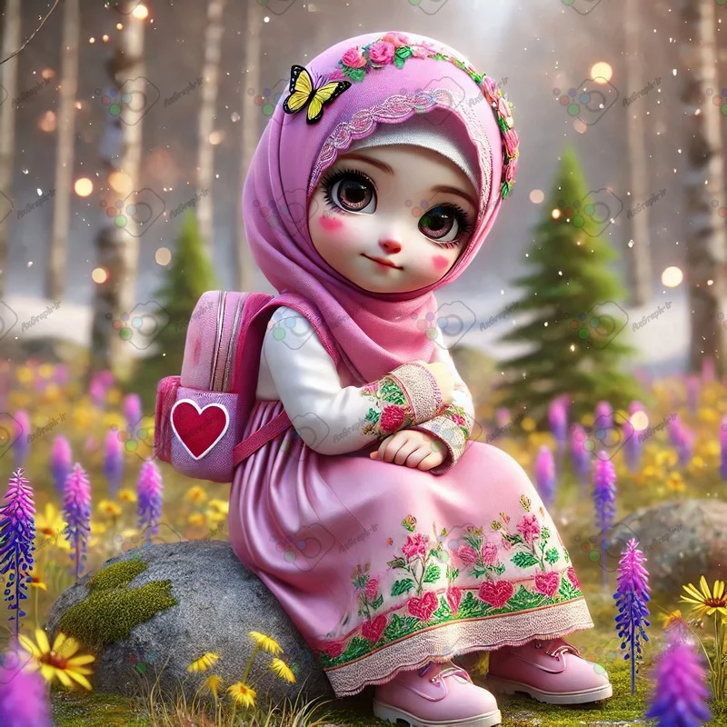 بک گراند کودکانه دختر بچه ناز با حجاب نشسته روی تخته سنگ در دشت گلها-کد 43923(ویژه عکس گراف)