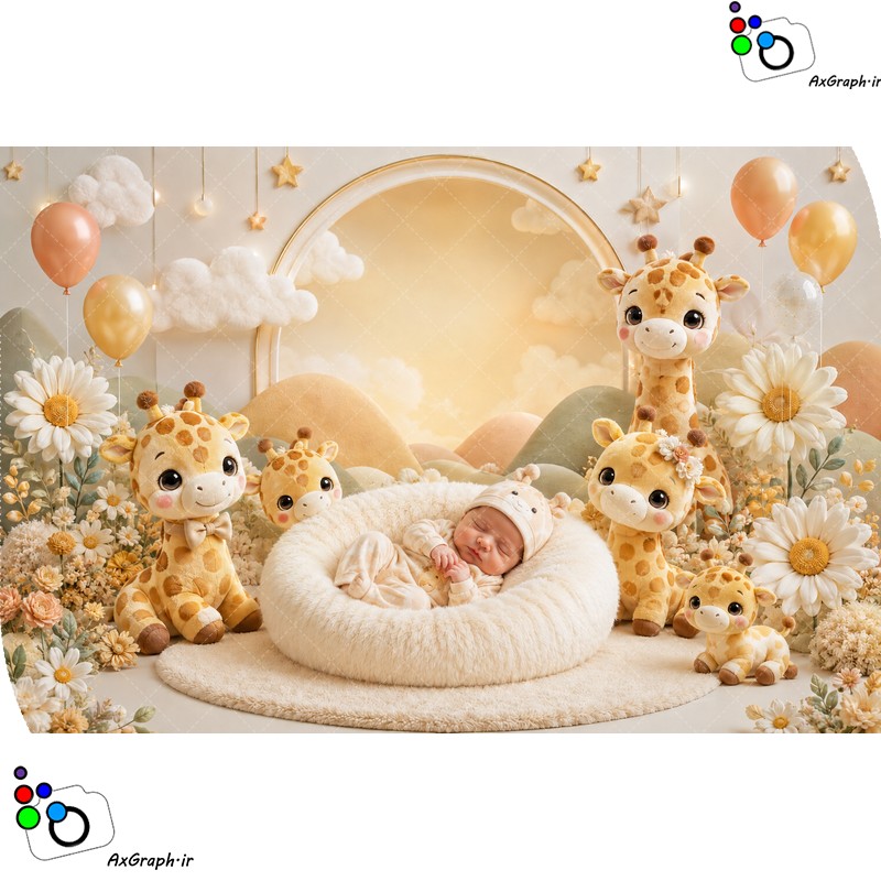 بک دراپ نوزاد زرافه های با مزه و گلهای بابونه-کد 55533(ویژه عکس گراف)