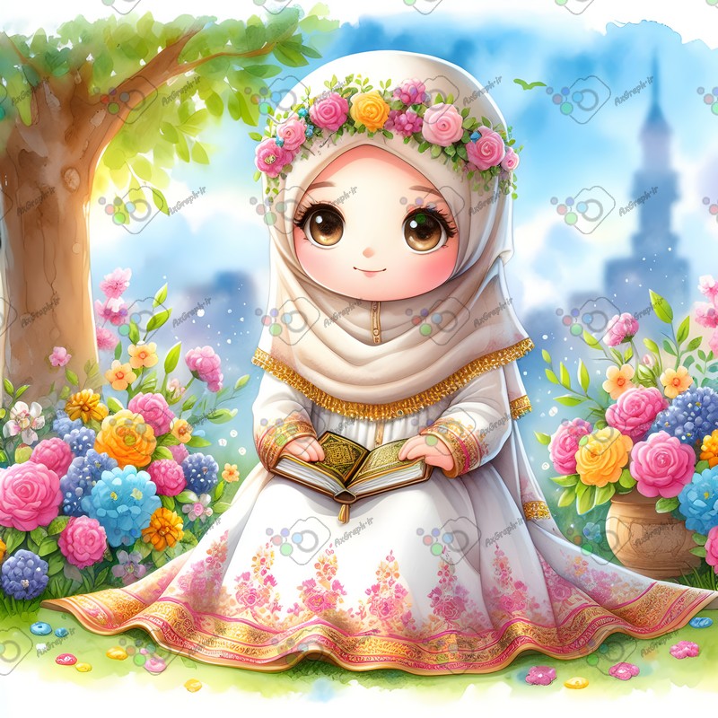 بک گراند کودکانه دختر بچه ناز با حجاب در حال قرآن خواندن در باغ گل-کد 44594(ویژه عکس گراف)