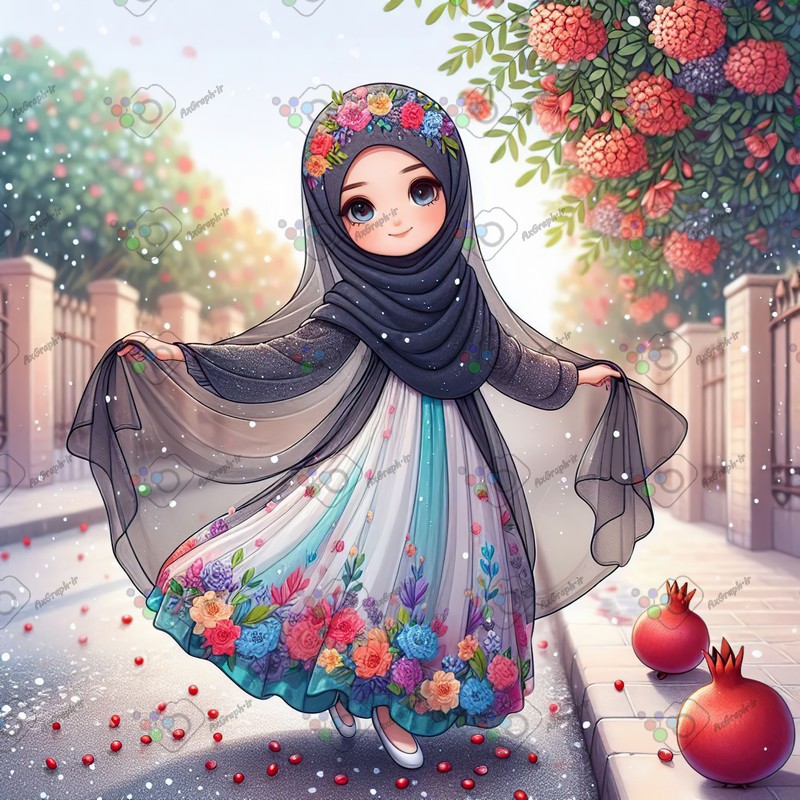 بک گراند کودکانه یلدا با طرح دختر ناز با حجاب و انار و دانه های برف-کد 44734(ویژه عکس گراف)