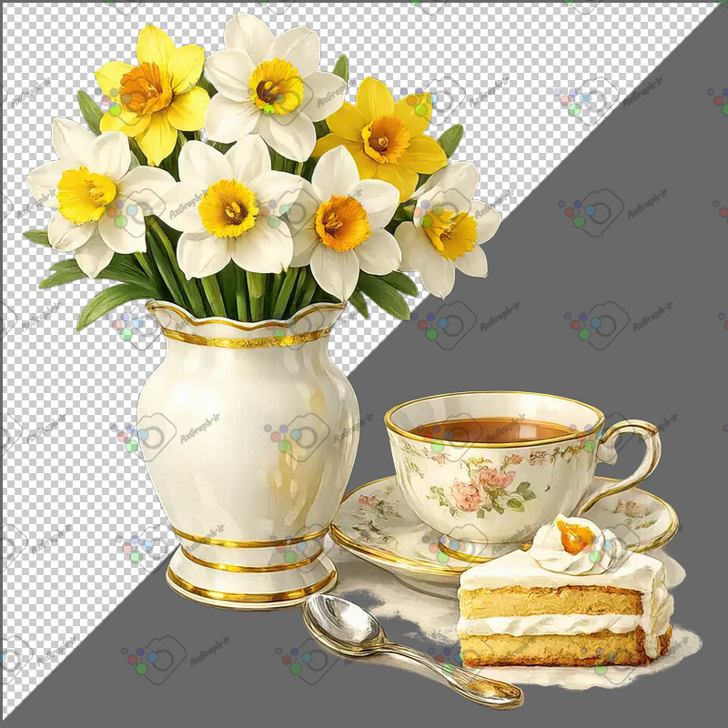 طرح برچسب فنجان چای و برش کیک و گلدان گل نرگس-کد 70075(ویژه عکس گراف)