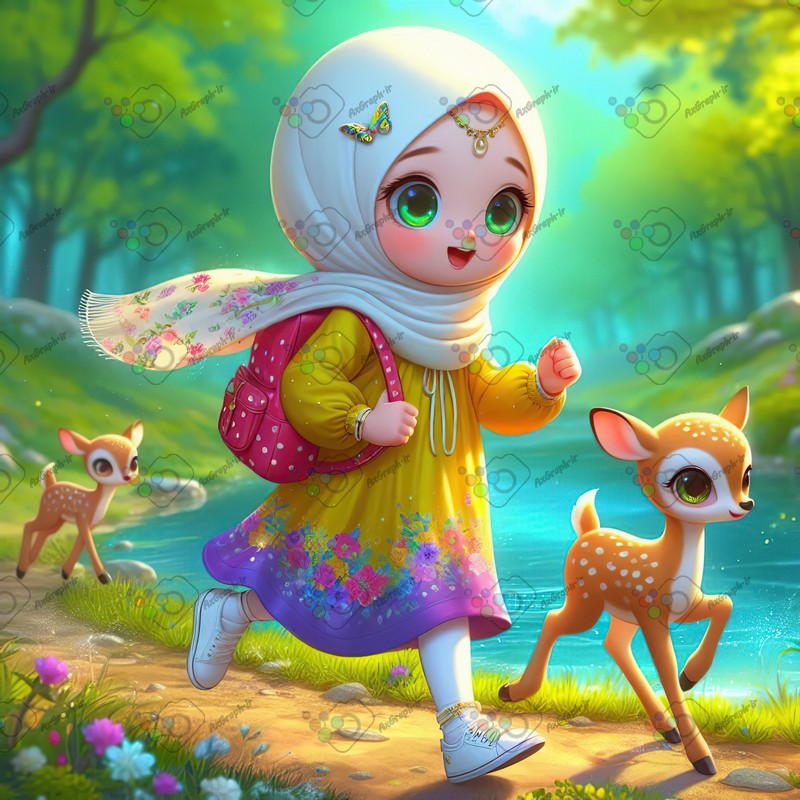 بک گراند کودکانه دختر بچه ناز با حجاب و بچه آهو ها در حال دویدن-کد 44399(ویژه عکس گراف)