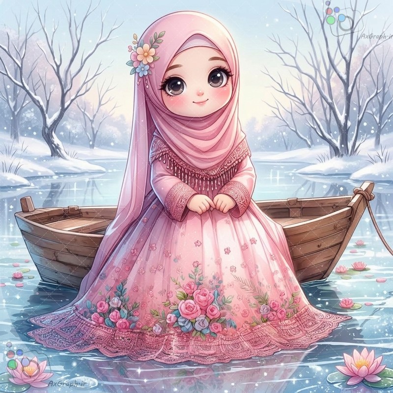 🌟❄️ طرح دختربچه فانتزی با لباس صورتی گل‌دار در قایق چوبی میان برکه نیلوفر و منظره برفی - کد ۴۴۹۸۹ (ویژه عکس گراف) 🛶🌸✨