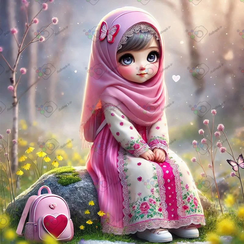 بک گراند کودکانه دختر کوچولوی ناز با حجاب نشسته روی تخته سنگ میان گلهای کوچک-کد 43656(ویژه عکس گراف)