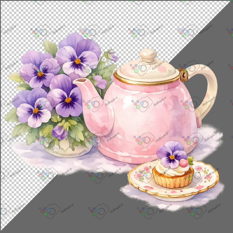 طرح برچسب قوری و کاپ کیک و گل بنفشه-کد 70119(ویژه عکس گراف)