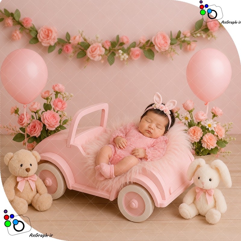 بک دراپ نوزاد ماشین صورتی و خرگوش و خرسی-کد 55472(ویژه عکس گراف)