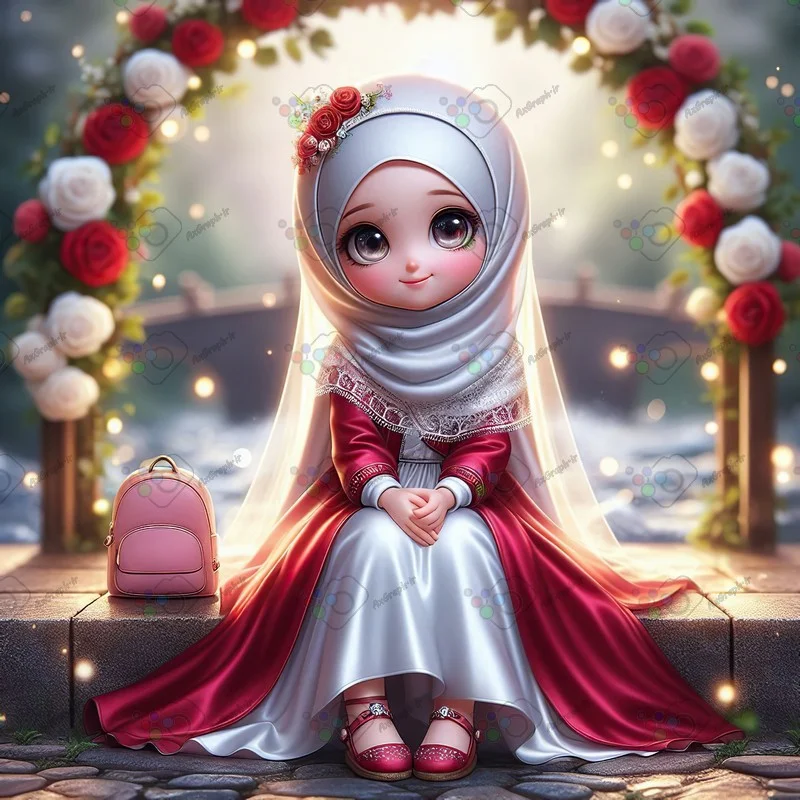 بک گراند کودکانه دختر ناز با حجاب نشسته روی سکوی سنگی-کد 43614(ویژه عکس گراف)
