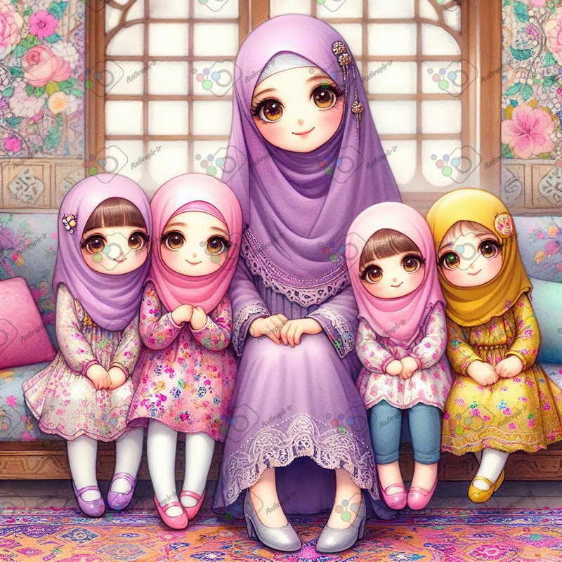 بک گراند کودکانه مامان مهربون و 4 تا دختر کوچولوی ناز با حجاب-کد 44434(ویژه عکس گراف)