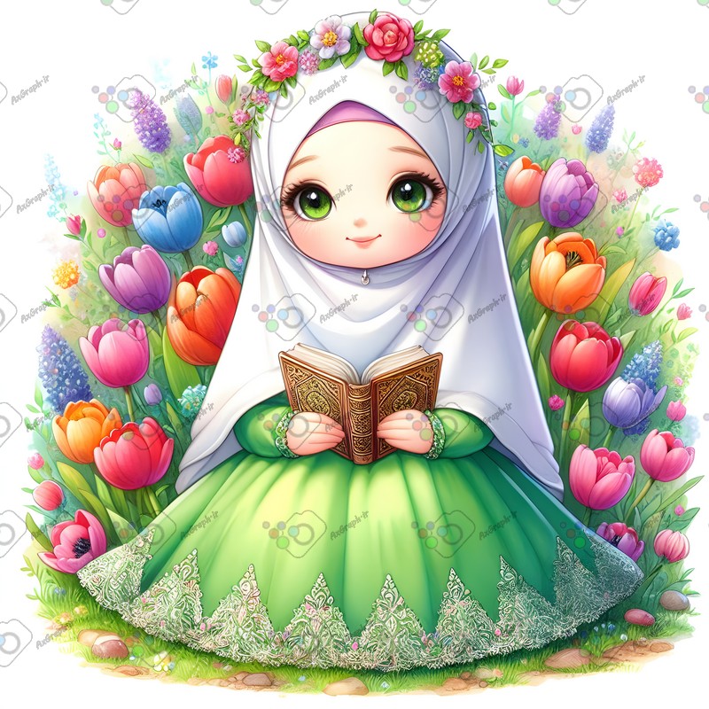 بک گراند کودکانه دختر بچه ناز با حجاب در حال قرآن خواندن در باغ لاله-کد 44586(ویژه عکس گراف)