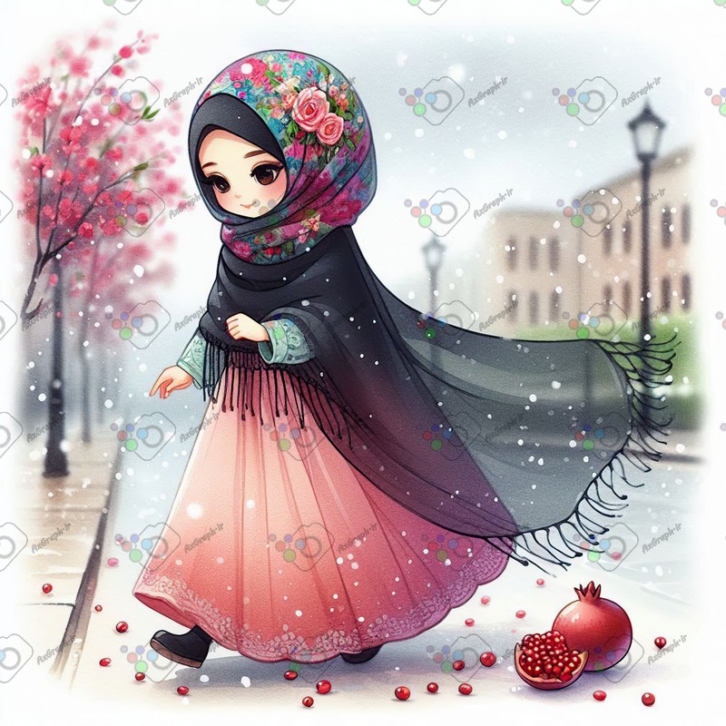 بک گراند کودکانه یلدا با طرح انار روی زمین و دختر با حجاب در حال عبور از خیابان برفی-کد 44733(ویژه عکس گراف)