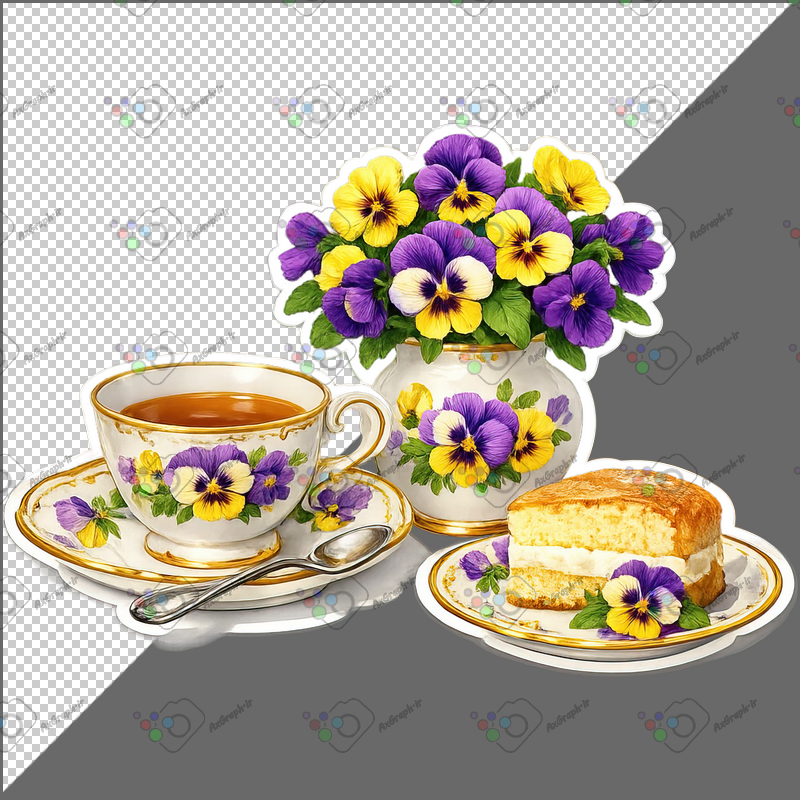 طرح برچسب فنجان چای و برش کیک و گلدان بنفشه-کد 70077(ویژه عکس گراف)