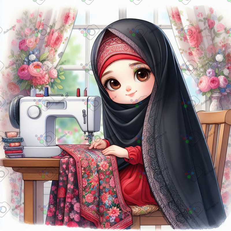 بک گراند کودکانه دختر کوچولوی ناز چادری در حال خیاطی-کد 44490(ویژه عکس گراف)