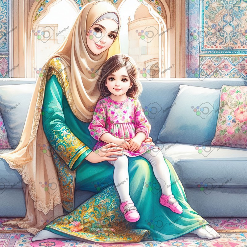 بک گراند کودکانه دختر بچه ناز و مامان با حجابش نشسته روی مبل-کد 44426(ویژه عکس گراف)