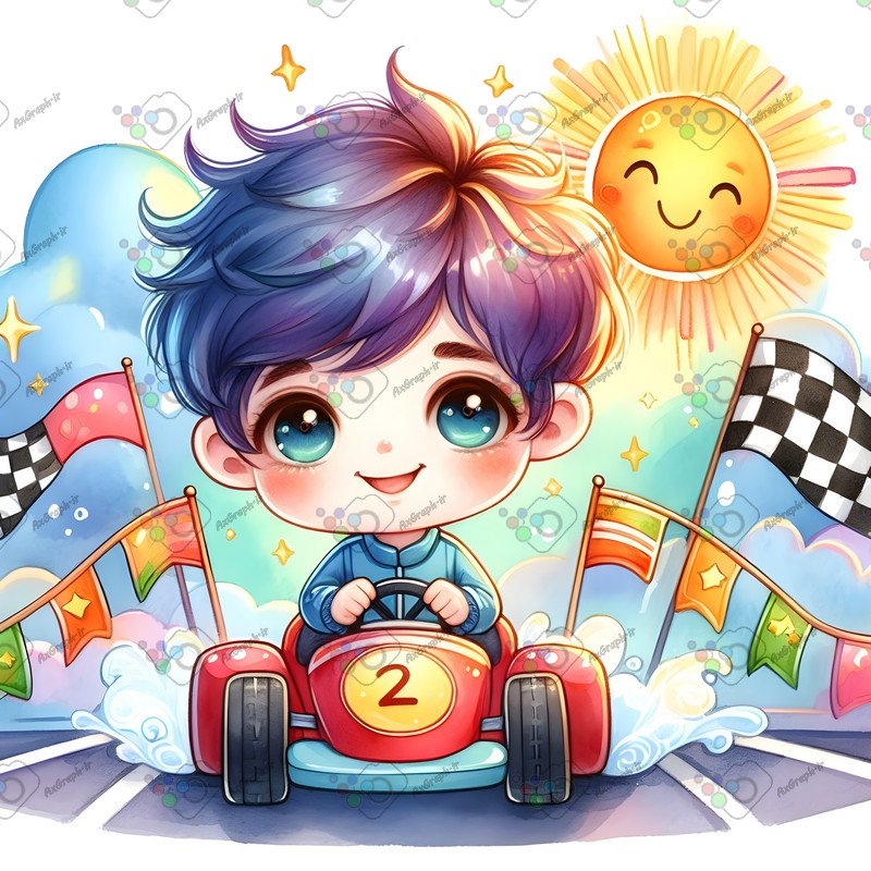 بک گراند کودکانه پسربچه با مزه در حال عبور از خط پایان مسابقه ماشین سواری-کد 44601(ویژه عکس گراف)