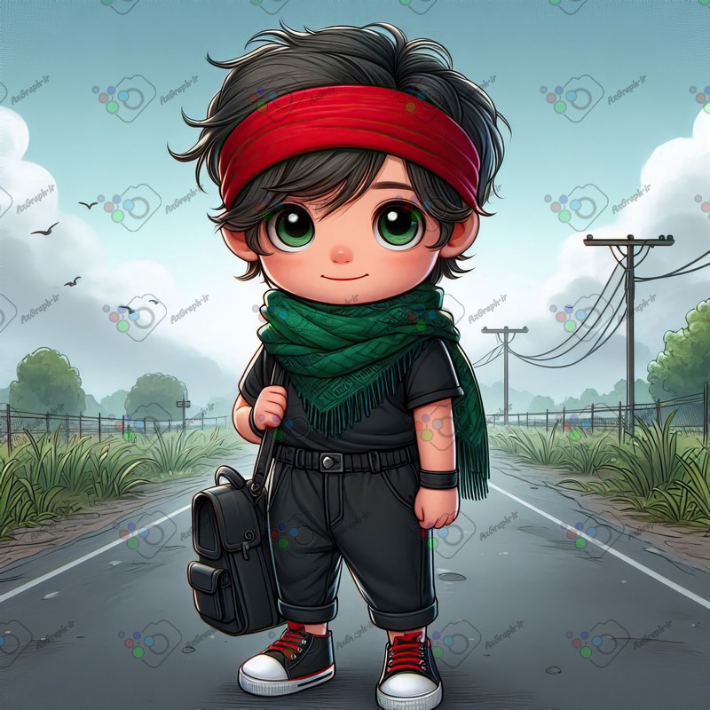 بک گراند کودکانه پسر بچه با لباس مشکی و شال سبز و سربند در جاده-کد 44362(ویژه عکس گراف)