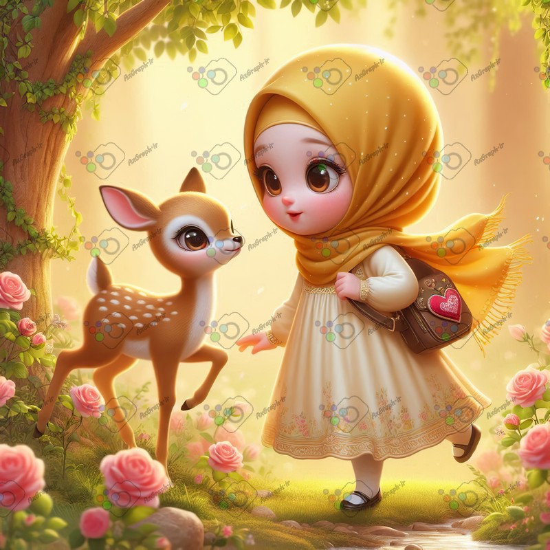 بک گراند کودکانه دختر کوچولوی ناز و بچه آهو در باغ گل رز-کد 44459(ویژه عکس گراف)