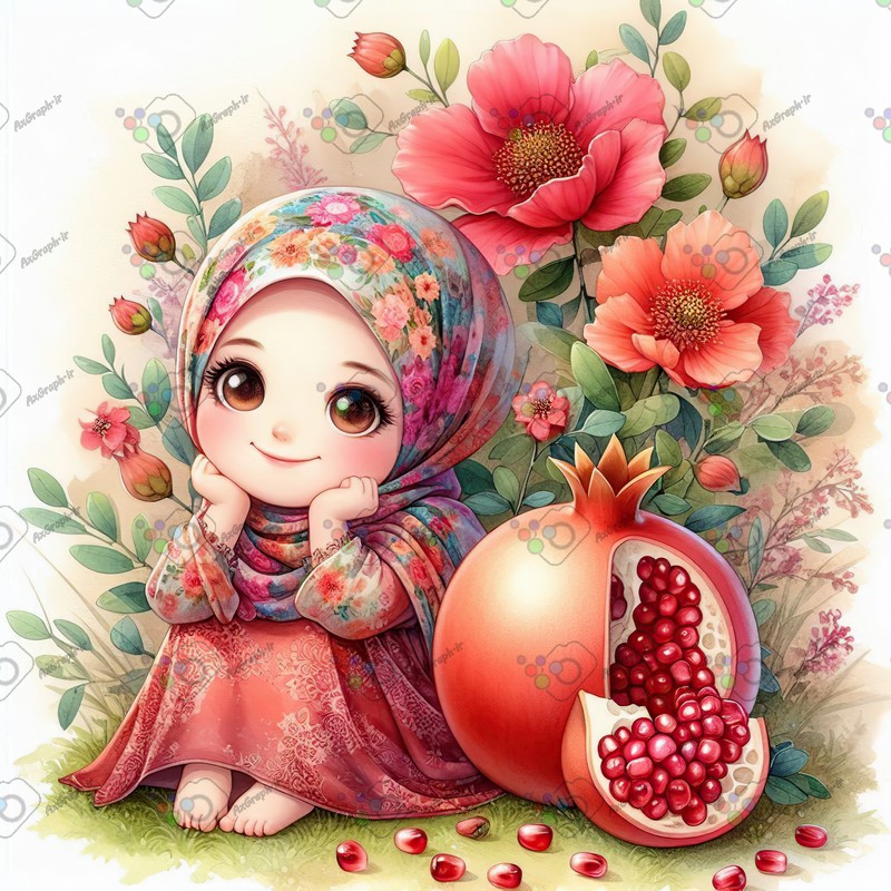 بک گراند کودکانه یلدا با طرح دختر بچه با حجاب و انار-کد 44717(ویژه عکس گراف)