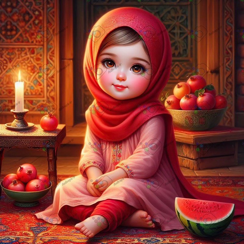 بک گراند کودکانه یلدا با طرح دختر بچه با حجاب نشسته روی فرش-کد 44667(ویژه عکس گراف)