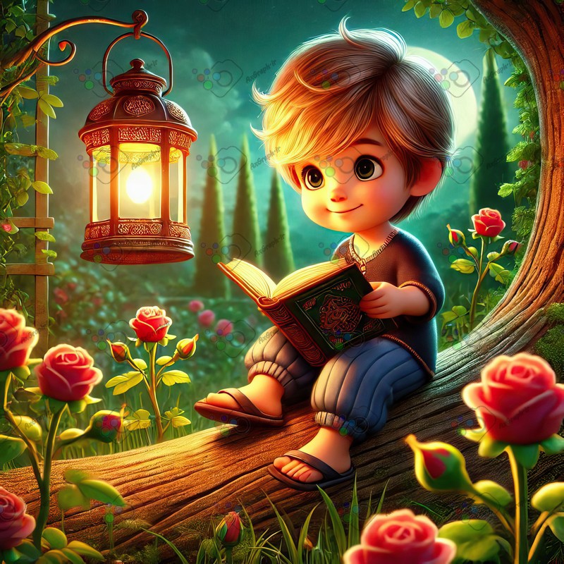 بک گراند کودکانه پسربچه با مزه نشسته روی درخت در حال مطالعه-کد 44501(ویژه عکس گراف)