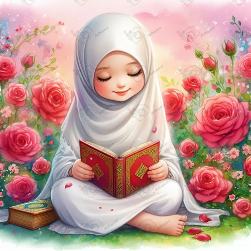 بک گراند کودکانه دختر ناز با حجاب در حال قرآن خواندن در باغ گل سرخ-کد 41108(ویژه عکس گراف)
