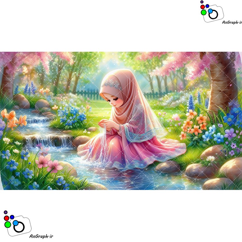 بک گراند کودکانه دختر ناز با حجاب نشسته کنار آبشار کوچک باغ زیبا-کد 44844(ویژه عکس گراف)