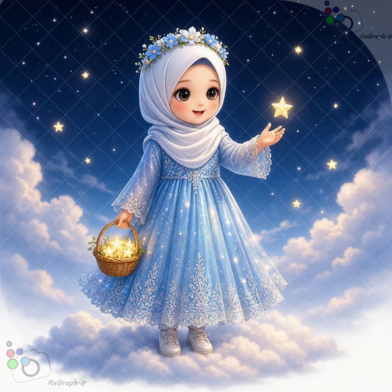 طرح فانتزی دختربچه عروسکی با لباس آبی در حال چیدن ستاره‌ها از آسمان شب - کد 44939 (ویژه عکس گراف)