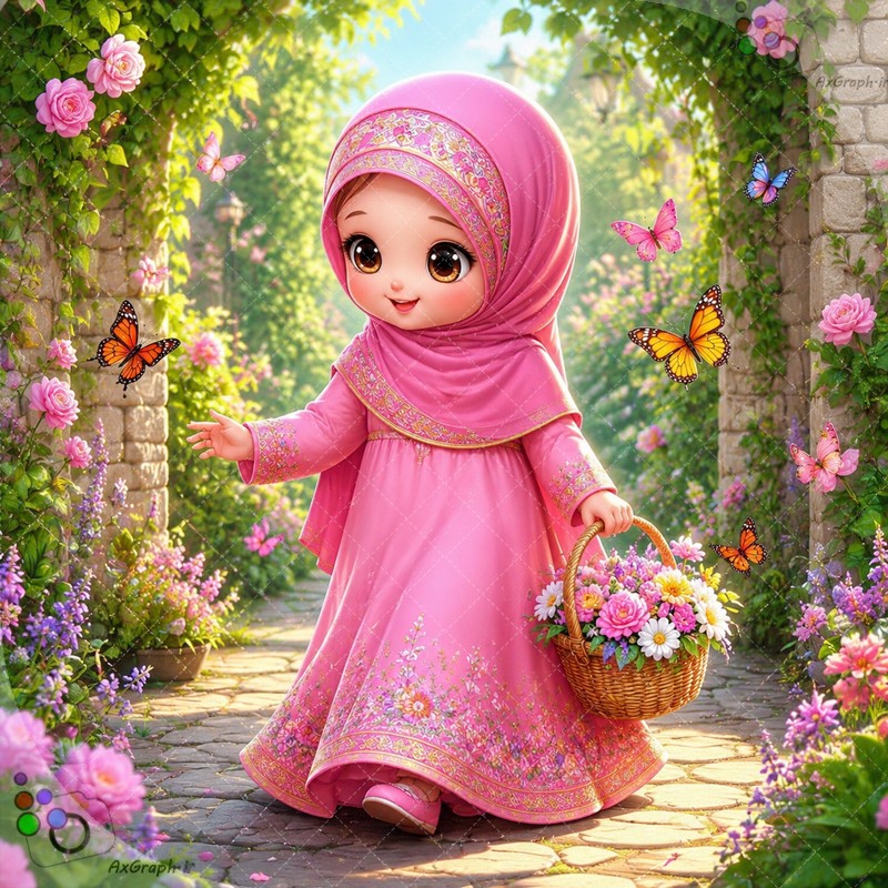 طرح دختربچه عروسکی باحجاب صورتی با سبد گل در باغ گل و پروانه‌ها - کد 44950 (ویژه عکس گراف)