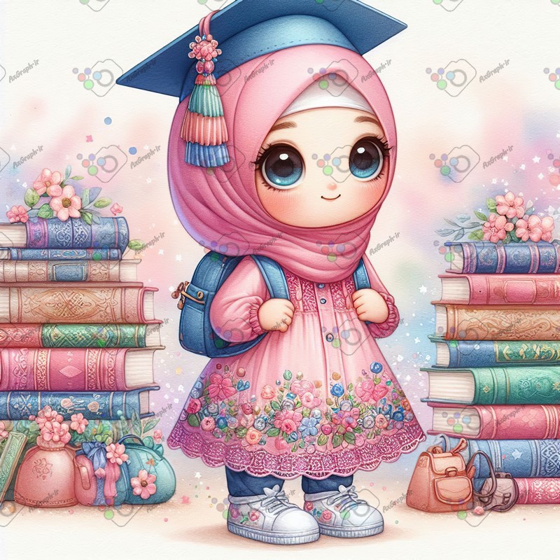 بک گراند کودکانه دختر ناز با حجاب با کلاه فارغ التحصیلی ایستاده بین کتابها-کد 44436(ویژه عکس گراف)