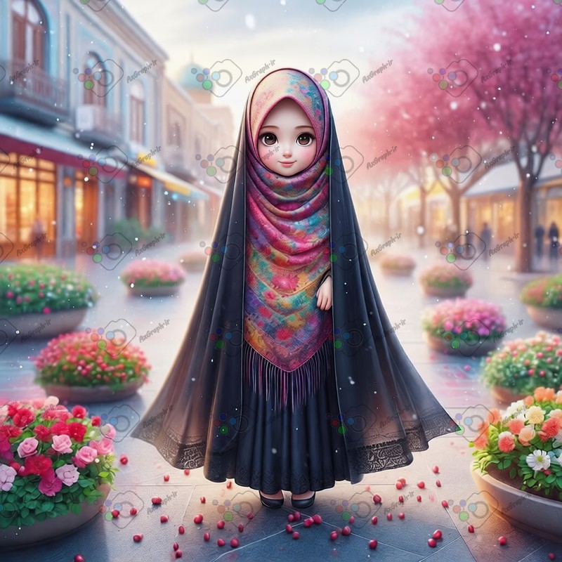 بک گراند کودکانه یلدا با طرح دختر چادری در خیابان و دانه های انار-کد 44708(ویژه عکس گراف)