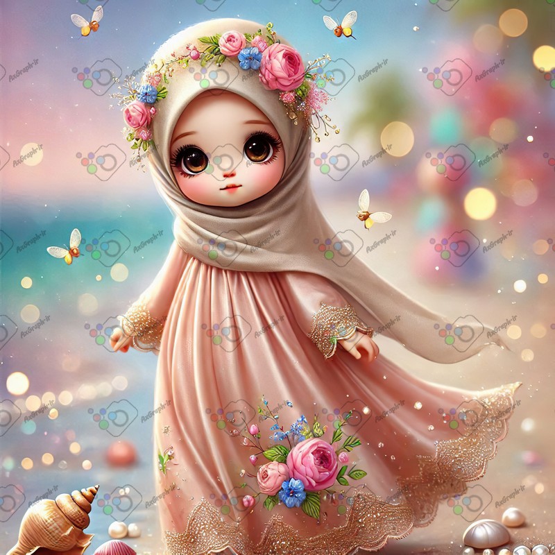 بک گراند کودکانه دختر ریزه میزه ناز با حجاب ایستاده در ساحل-کد 44516(ویژه عکس گراف)